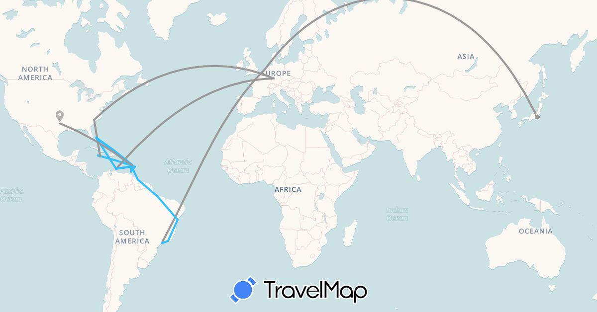 TravelMap itinerary: driving, plane, boat in Barbados, Brazil, Bahamas, Curaçao, Germany, Guyana, Jamaica, Japan, Saint Lucia, Netherlands, Trinidad and Tobago, United States, Saint Vincent and the Grenadines (Asia, Europe, North America, South America)
